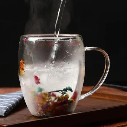 Imagem de Kit c/ 3 Caneca de Vidro Borossilicato Parede Dupla com Flores Secas 350ml