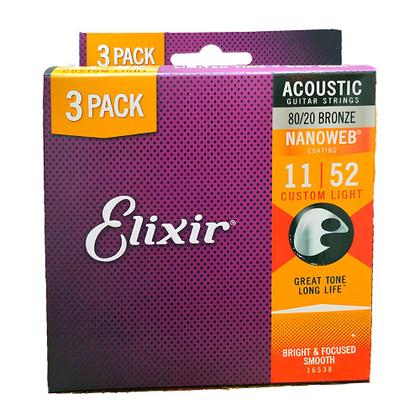 Imagem de Kit C/ 3 Encordoamentos Elixir Violão Bronze Super Light 0.011 6 Cordas 16538X