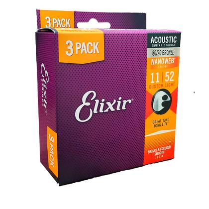 Imagem de Kit C/ 3 Encordoamentos Elixir Violão Bronze Super Light 0.011 6 Cordas 16538X