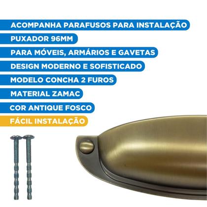 Imagem de Kit C/ 3 Puxador Concha Para Móveis Provençal Paris 96mm Antique Fosco Clássico