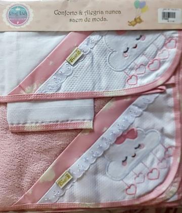 Imagem de Kit c/ 3 toalhas p/ bebê (fralda tecido duplo/ felpa c/capuz/ rosto ) + bordados + barra pronta