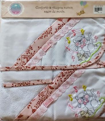 Imagem de Kit c/ 3 toalhas p/ bebê (fralda tecido duplo/ felpa c/capuz/ rosto ) + bordados + barra pronta