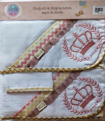 Imagem de Kit c/ 3 toalhas p/ bebê (fralda tecido duplo/ felpa c/capuz/ rosto ) + bordados + barra pronta