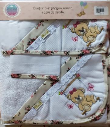 Imagem de Kit c/ 3 toalhas p/ bebê (fralda tecido duplo/ felpa c/capuz/ rosto ) + bordados + barra pronta