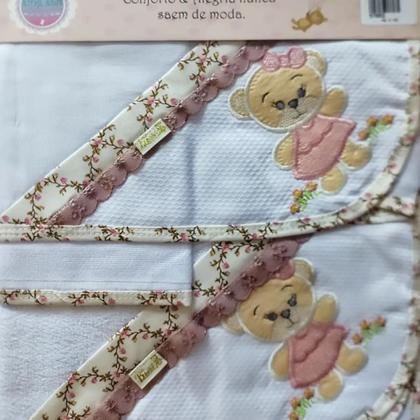 Imagem de Kit c/ 3 toalhas p/ bebê (fralda tecido duplo/ felpa c/capuz/ rosto ) + bordados + barra pronta