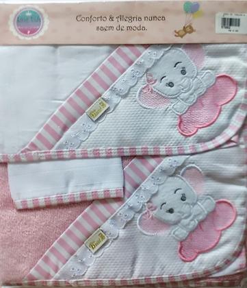 Imagem de Kit c/ 3 toalhas p/ bebê (fralda tecido duplo/ felpa c/capuz/ rosto ) + bordados + barra pronta