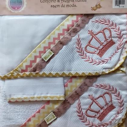 Imagem de Kit c/ 3 toalhas p/ bebê (fralda tecido duplo/ felpa c/capuz/ rosto ) + bordados + barra pronta