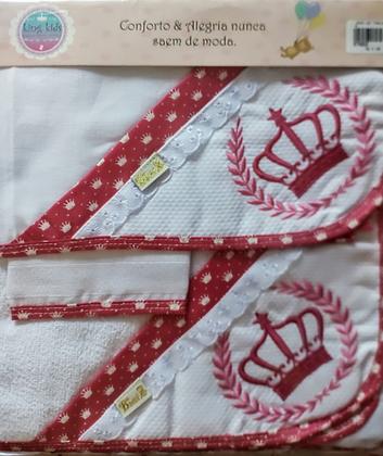 Imagem de Kit c/ 3 toalhas p/ bebê (fralda tecido duplo/ felpa c/capuz/ rosto ) + bordados + barra pronta