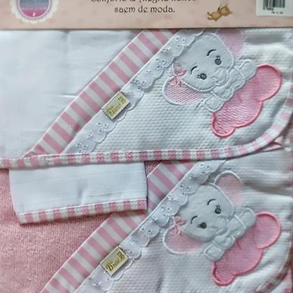 Imagem de Kit c/ 3 toalhas p/ bebê (fralda tecido duplo/ felpa c/capuz/ rosto ) + bordados + barra pronta