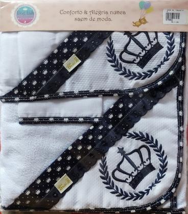 Imagem de Kit c/ 3 toalhas p/ bebê (fralda tecido duplo/ felpa c/capuz/ rosto ) + bordados + barra pronta