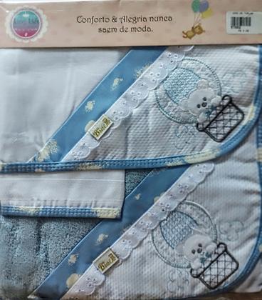 Imagem de Kit c/ 3 toalhas p/ bebê (fralda tecido duplo/ felpa c/capuz/ rosto ) + bordados + barra pronta