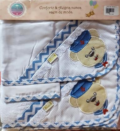 Imagem de Kit c/ 3 toalhas p/ bebê (fralda tecido duplo/ felpa c/capuz/ rosto ) + bordados + barra pronta