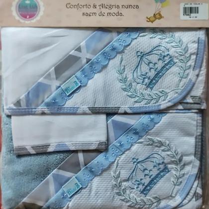 Imagem de Kit c/ 3 toalhas p/ bebê (fralda tecido duplo/ felpa c/capuz/ rosto ) + bordados + barra pronta