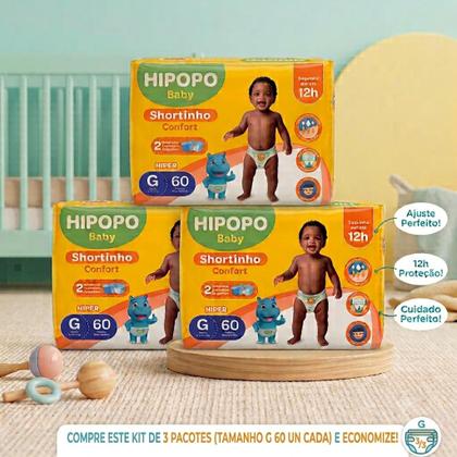 Imagem de Kit c/3un fralda calça hipopó tam g 60un cada
