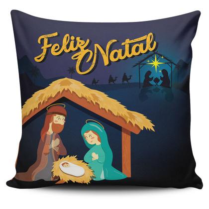 Imagem de Kit c/ 4 Capas de Almofadas Estampadas Natalinas Feliz Natal Família Sagrada 45cm x 45cm - Decorativas Festas Fim de Ano