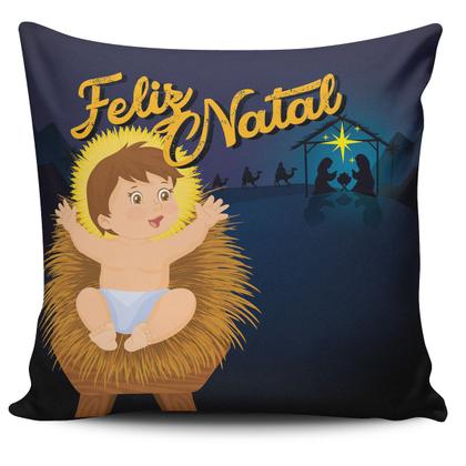 Imagem de Kit c/ 4 Capas de Almofadas Estampadas Natalinas Feliz Natal Família Sagrada 45cm x 45cm - Decorativas Festas Fim de Ano