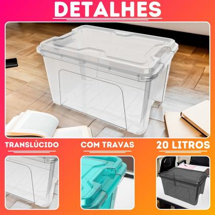 Imagem de Kit C/5 Caixas Organizadora Com Trava 20l Grande Transparente Ou Sólida