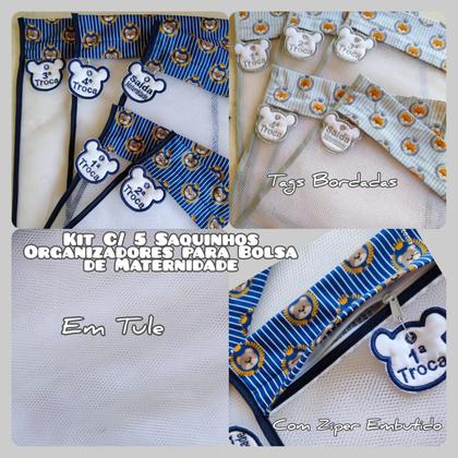 Imagem de Kit c/ 5 Saquinhos Maternidade em Tule com zíper e viés Diversas Estampas + Tags Bordados - Coleção Ted