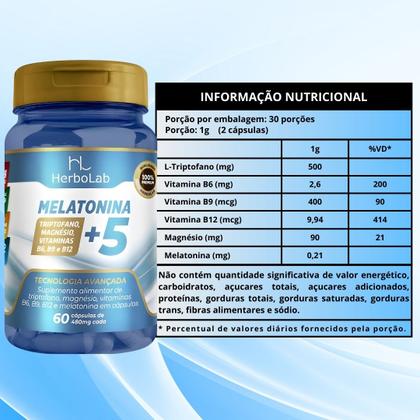 Imagem de KIT C/5 Un. Melatonina +5 Triptofano  B6 - B9 - B12 60 Cápsulas - Herbolab