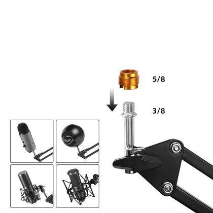 Imagem de Kit c/ Pedestal/Braço Articulado p/ Microfone Condensador, Espuma, Tiras, Adaptador 3/8" p/ 5/8"