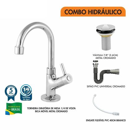 Imagem de Kit C/Torneira 1198 1/4 Volta + Válvula 1" (2,6cm) + Sifão Cromado + Flexível