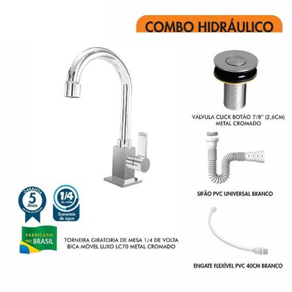 Imagem de Kit C/Torneira Classic 1195 + Válvula Click Up 1"B (2,6cm) + Sifão Pvc Branco + Flexível