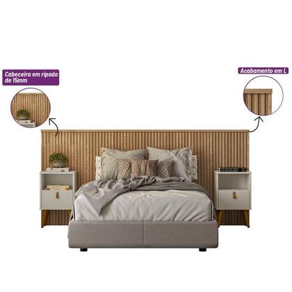 Imagem de Kit Cabeceira Casal Queen Ripada 240cm com 2 Mesas de Apoio 1 Gaveta 1 Nicho Pés Palito
