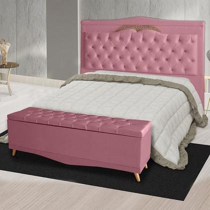 Imagem de Kit Cabeceira de Cama Box e Calçadeira Baú Madri Casal 140 cm Suede Rosa Bebê Do Lar Móveis e Decoração