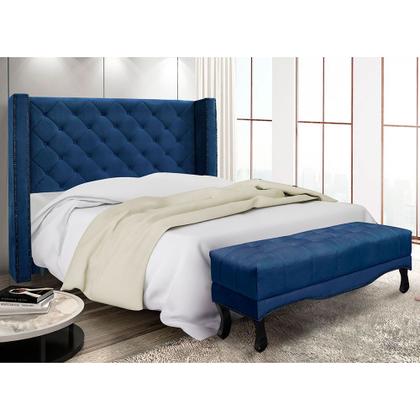 Imagem de Kit Cabeceira e Calçadeira Recamier Queen 1,60m Vicenza Suede Azul Marinho - Pallazio