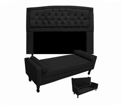 Imagem de Kit Cabeceira Geovana e Calçadeira Fênix Para Quarto King 195cm Corano Preto - DL Decor