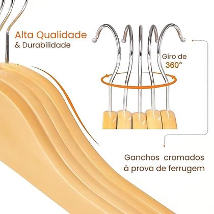 Imagem de Kit Cabides Adulto de Madeira Reforçado com Gancho Giratório