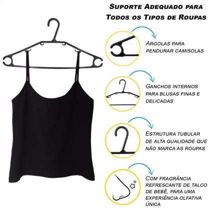 Imagem de Kit Cabides Preto Plástico Reforçados E Antideslizantes Para Adultos Com Fragrância De Talco Ideal para Calças E Roupa