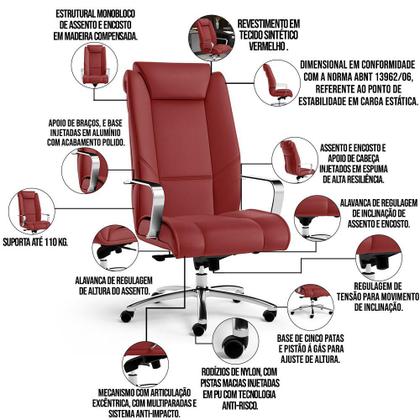 Imagem de Kit Cadeira Presidente Com 02 Cadeiras Fixas New Onix F02 Tecido Sintético Vermelho - Lyam Decor