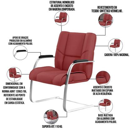 Imagem de Kit Cadeira Presidente Com 02 Cadeiras Fixas New Onix F02 Tecido Sintético Vermelho - Lyam Decor