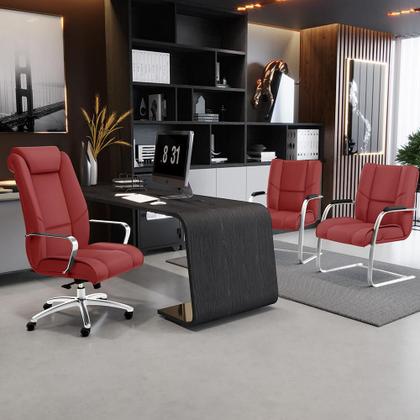 Imagem de Kit Cadeira Presidente Com 02 Cadeiras Fixas New Onix F02 Tecido Sintético Vermelho - Lyam Decor