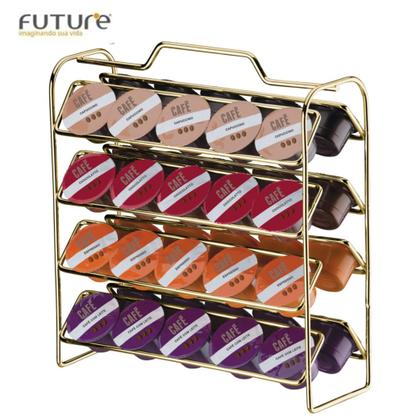 Imagem de Kit Café 3 Peças Suporte 40 Cápsulas três Corações Sachês Porta Copos 200ml Dourado - Future