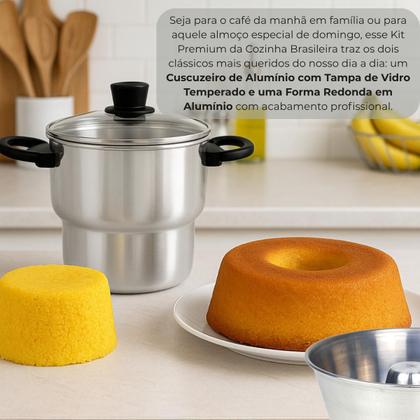 Imagem de Kit Café da Tarde Jogo Com Assadeira Forma Redonda com Furo no Meio N20 e Cuscuzeira N14 em Alumínio Polido