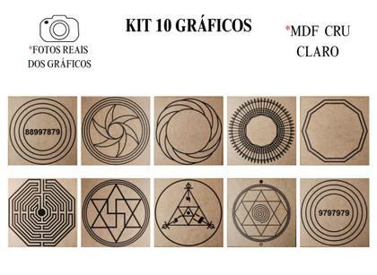 Imagem de Kit Caixa + 10 Gráficos Radiestesia MDF Cru 20x20cm 3mm + Relógio Prancha Francesa - 