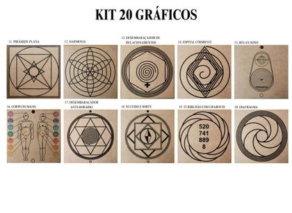 Imagem de Kit Caixa + 20 Gráficos Radiestesia MDF Cru 20x20cm 3mm + Relógio Prancha Francesa - 