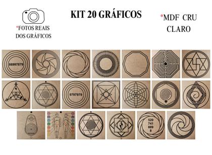 Imagem de Kit Caixa + 20 Gráficos Radiestesia MDF Cru 20x20cm 3mm + Relógio Prancha Francesa - 