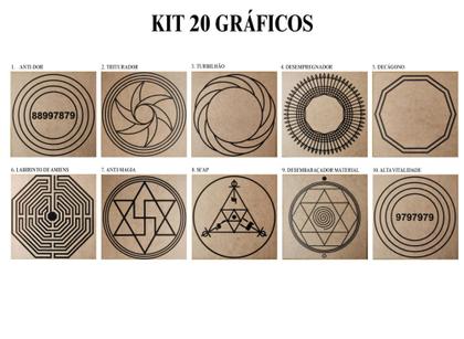 Imagem de Kit Caixa + 20 Gráficos Radiestesia MDF Cru 20x20cm 3mm + Relógio Prancha Francesa - 