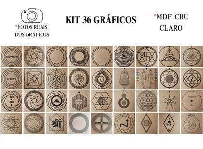 Imagem de Kit Caixa + 36 Gráficos Radiestesia MDF Cru 20x20cm 3mm + Relógio Prancha Francesa - 
