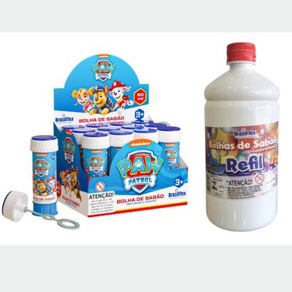 Imagem de Kit Caixa Bolha de Sabão Paw Patrol 12 Unidades e Refil 1 Litro Atóxico Brasilflex