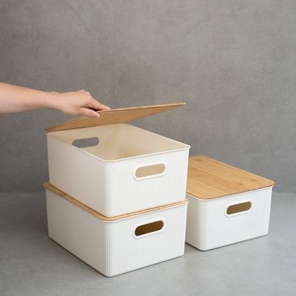 Kit Caixa Organizadora Canelada Tampa Bambu 16l Branca Oikos