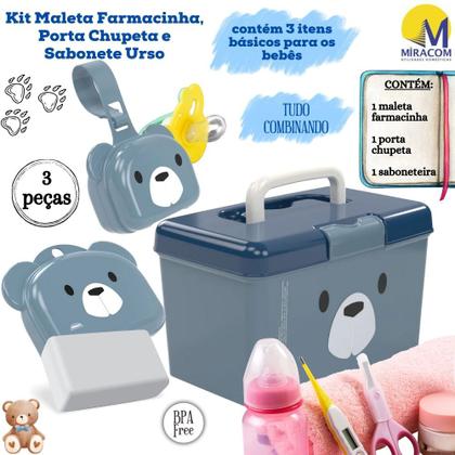 Imagem de Kit caixa organizadora com alça, porta chupetas e saboneteira urso Plasutil