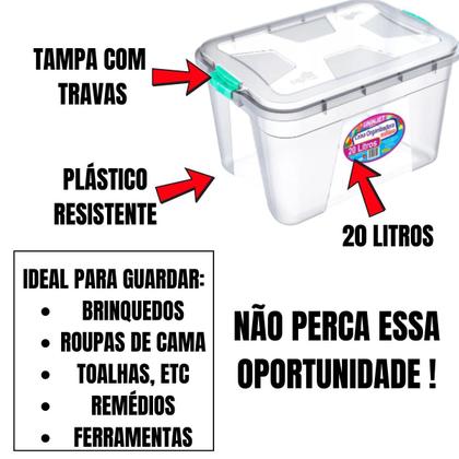 Imagem de Kit caixa organizadora grande transparente com tampa e travas 20 litros