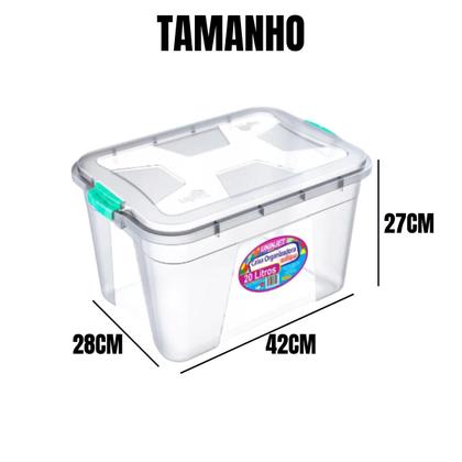 Imagem de Kit caixa organizadora grande transparente com tampa e travas 20 litros