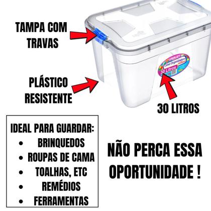 Imagem de Kit caixa organizadora grande transparente com tampa e travas 30 litros