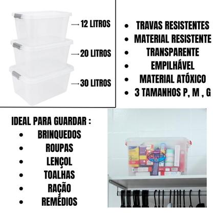 Imagem de Kit caixa organizadora grande transparente com tampa e travas 30 litros