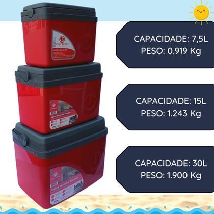 Imagem de Kit Caixa térmica Cooler 7,5L + 15L + 30L Alça Tampa bandeja FloripaUnitermi Cerveja Praia Churrasco